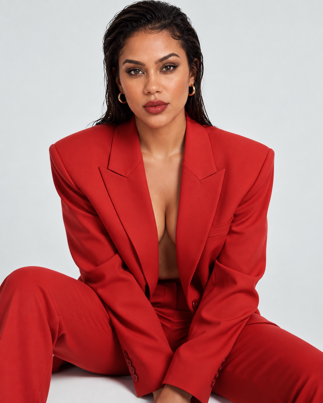 Retrato profissional com blazer vermelho criado com inteligência artificial